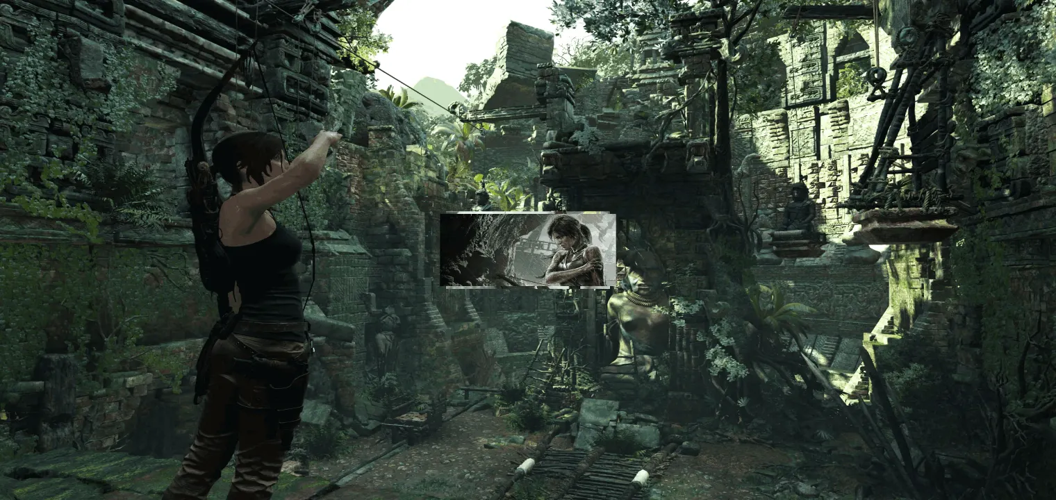 Tomb Raider gameplay screenshot showing Lara Croft exploring Yamatai